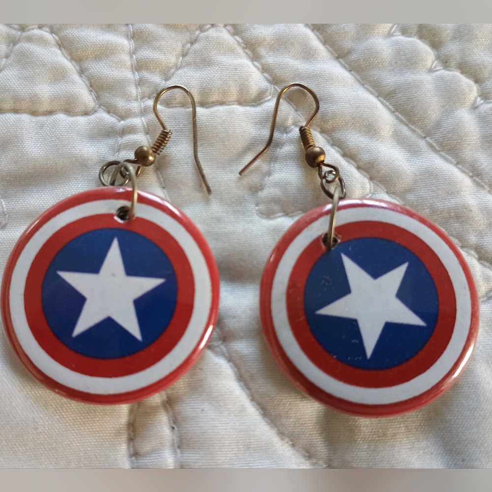 Artisan Upcycled Pin Captain America Dangle Earrings